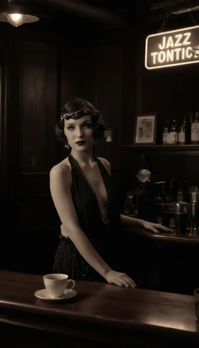 vintage, (monocrome:1.8), woman, 1920s flapper girl, 1920s hair, 1920s make up, leaning on a bar at a jazz club facing the viewer, ((with coffee cup)), seductive, (detailed clothing), (detailed background), (1920s decor:1.4), ((topless)), (retro 1920s style:1.3), long nipples, large natural breasts, freckles, earrings, very hairy bush, (perfect hands:1.2), insanely detailed background, Rank_9, fluxenh4nce, puffy, nipples, dark, ghost, wide, <lora:FLUXEnh4nce:.5>, <lora:Nipples XL:.7>, jazz, b4r, <lora:jazz_b4r:.8>