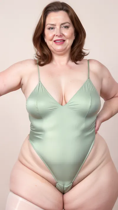 Obese, gilf, (Close-up:1), portrait photo a mature chubby gilf, fat round face, double chin, 70 years old Woman, big eyes, green eyes, chestnut layered haircut, chubby jawline, pokies, seductive smile, lips parted, (mouth open:1.3), teeth showing, big lips, looking at viewer, (solid blank background:1.3), eye level shoot, film grain, style by Flora Borsi, OverallDetail, satin sleeveless spaghetti strap minidress, fupa, (cameltoe), (areola slip), wide, hips, tt_saggy, tt_flat, plump, fat, saggy, sagging, droopy, leotard, sleeveless, haigure, pose, open, hands, standing, spread, legs, xtrhairy, hairy, eye contact, <lora:hips-10:.5>, <lora:tt_saggy:.4>, <lora:plump_control_v1.0:1.1>, <lora:haigure_pose_v2:.5>, <lora:xtrhairy:.8>