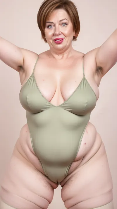 Obese, gilf, (Close-up:1), portrait photo a mature chubby gilf, fat round face, double chin, 70 years old Woman, big eyes, green eyes, chestnut layered haircut, chubby jawline, pokies, seductive smile, lips parted, (mouth open:1.3), teeth showing, big lips, looking at viewer, (solid blank background:1.3), eye level shoot, film grain, style by Flora Borsi, OverallDetail, satin sleeveless spaghetti strap minidress, fupa, (cameltoe), (areola slip), wide, hips, tt_saggy, tt_flat, plump, fat, saggy, sagging, droopy, leotard, sleeveless, haigure, pose, open, hands, standing, spread, legs, xtrhairy, hairy, eye contact, <lora:hips-10:.5>, <lora:tt_saggy:.4>, cellulite, <lora:plump_control_v1.0:1.1>, <lora:haigure_pose_v2:.5>, <lora:xtrhairy:.8>
