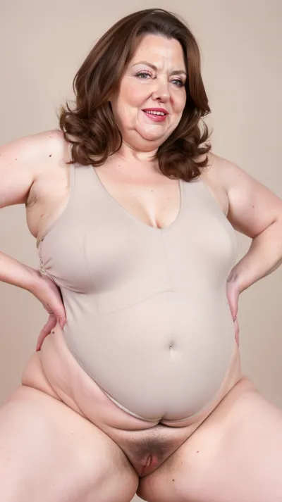 Obese, brunette, gilf, (Close-up:1), portrait photo a mature chubby gilf, fat round face, double chin, 70 years old Woman, big eyes, green eyes, layered haircut, chubby jawline, pokies, seductive smile, lips parted, (mouth open:1.3), teeth showing, big lips, looking at viewer, (solid blank background:1.3), eye level shoot, film grain, style by Flora Borsi, OverallDetail, satin sleeveless spaghetti strap minidress, fupa, (cameltoe), (areola slip), wide, hips, tt_saggy, tt_flat, plump, fat, saggy, sagging, droopy, sleeveless, haigure, pose, open, hands, standing, spread, legs, xtrhairy, hairy, eye contact, cellulite, <lora:hips-10:.5>, <lora:tt_saggy:.3>, <lora:plump_control_v1.0:.5>, <lora:haigure_pose_v2:.5>, <lora:xtrhairy:.8>