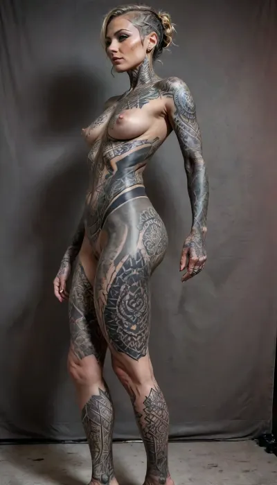 RAW full body analogue side profile photo of a beautiful naked blackout-tattooed german, (ohwx woman), 55 years old, clear focus, 8K, very slim and tall, long slim neck, (dynamic angle:.7), cinematic, (film grain, depth of field, blurry background, colorful:1), volumetric lighting, with, (no tattoos at the torso sternum chest belly neck and vagina:1), (all-black tattoos in blackout style Сharly Saconi or Brandon Crone on arms feet and lower legs:1.2), the most exotic lascivious ultraslim naked 46 years old, with a face of Unconventional beauty, with mixed north-european-russian race, high forehead, slim tall elegant mohawk androgynous, pointy big perky tits, (artifical tan glowing skin), Barefoot, with waist-chain, stacked anklets, tattoo blackout style Сharly Saconi, tattoo blackout style Brandon Crone, Seed, 985444Size, 896x1152euler_aSuper, 4ng3l, face, uberfit, muscular, athletic, vascular, StokeRealV1, <lora:vascular:.1>, <lora:epiCRealismHelper:.6>, <lora:SDXLrender_v2.0:.6>, <lora:StokeRealV1:.7>, <lora:breasts_slider_v10:2>, <lora:SDXL_BetterFaces-LoRA_v1:1>, <lora:uberfit_lora_sdxl:.1>, DARBODMODTAT, <lora:DarBodModTat_V1.0.Lora:.1>, <lora:DarTataBodGPlus:.9>