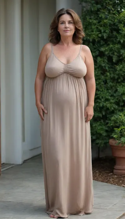 Full body shot, 50 year old woman, thin maxidress, chubby, wide hips, curvy, small floppy breasts, sagging breasts, deflated breasts, tan lines, brown hair, upturned nose, SaggySlimXL, uhang, yhang, <lora:updated_saggy_slim:1>, <lora:clothed_small:.5>