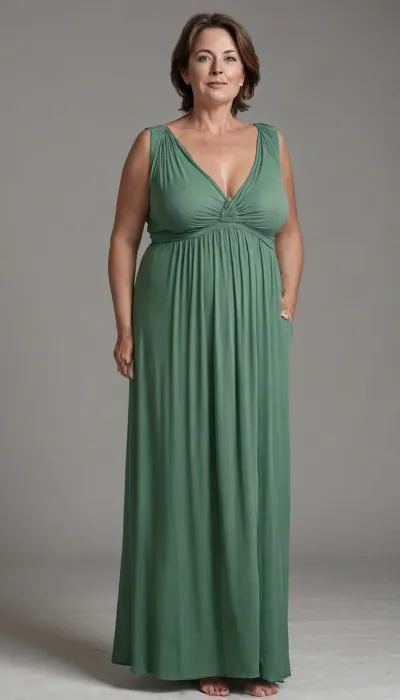 3/4 side view, Full body shot, 50 year old woman, green eyes, thin maxidress, chubby, wide hips, curvy, small floppy breasts, sagging breasts, deflated breasts, tan lines, brown hair, upturned nose, SaggySlimXL, uhang, yhang, <lora:updated_saggy_slim:1>, <lora:clothed_small:.5>