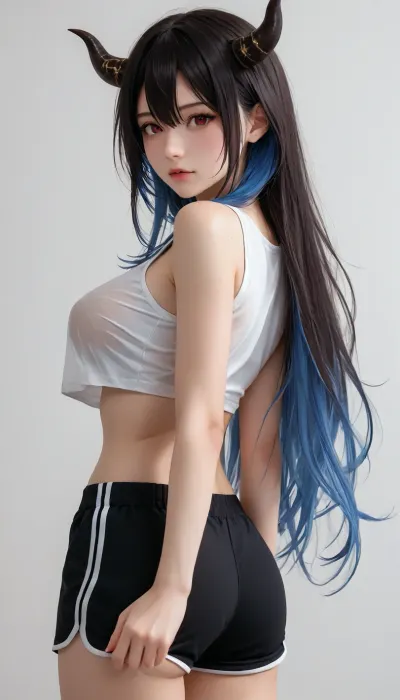 (hololive english:1), (nerissa ravencroft), 1girl, arm behind back, ass, asymmetrical horns, black hair, black shorts, blue hair, blush, breasts, colored inner hair, crop top, (dolphin shorts:1), from behind, hair between eyes, horns, large breasts, long hair, mole, mole under eye, multicolored hair, red eyes, see through clothes, shorts, simple background, solo, uneven horns, very long hair, virtual youtuber, wet, white background