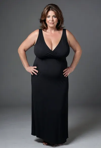 Full body shot, 50 year old woman, layered haircut, green eyes, black thin maxidress, obese, chubby, wide hips, curvy, small floppy breasts, sagging breasts, deflated breasts, tan lines, brown hair, upturned nose, SaggySlimXL, <lora:updated_saggy_slim:1>, <lora:clothed_small:.5>, bottomheavy, big, ass, huge, gigantic, thick, thighs, massive, <lora:bottomheavy_v1_sdxl_tags:.8>