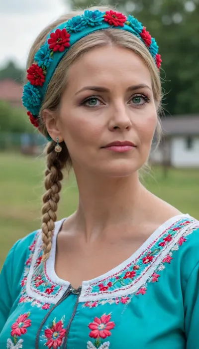 (4K UHD ultra-detailed RAW photo), high detailed, 8k, (photorealistic:1.7), chubby 1women 50 yo, in village, ((standing)), ((milf:1.5)), (((wearing turquoise Ukrainian summer national costume, Embroidery, floral headband))), ((voluminous blonde braid around head haircut)), 1/2 length view, ((sad:1.5)), (makeup:1.3), (4K, high resolution, best quality), tiedtobed, face, up, down, frontal, at, angle, close, rope, black, white, <lora:add-detail-xl:.5>, <lora:222513_training_data:1>