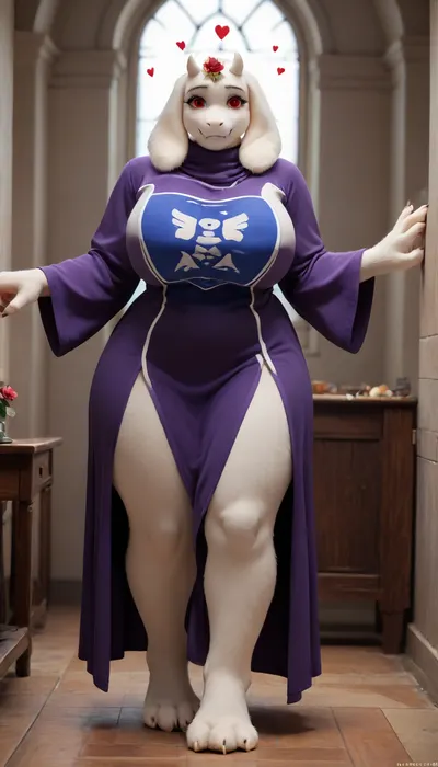 masterpiece, best quality, high resolution, hires, score_9, score_8_up, score_7_up, score_6_up, (((Toriel from Undertale:1.4))), (((anthro, furry, white fur, body fur, white skin))), (((1girl))), tall anthropomorphic goat-woman, ((hooves instead of feet)), long floppy ears, small curved horns, soft smiling face, ((red cheeks:1.1)), (((hearts flying around woman's head:1.5))), ((flower on her head:1.2)), gentle red eyes, wearing a long flowing purple robe with the words "Your Mommy" written in white, wide long sleeves, motherly and shy expression, (((massive milky soft breasts:1.2))), (((saggy boobs:1.2))), (((wide curvy hips:1.2))), soft full figure, (((thick thighs:1.2))), hourglass shape, matronly and nurturing body, long gentle arms, standing pose, warm and inviting aura, warm colors, fantasy style, full body, cozy room on background, high detail, cel-shaded, soft lighting, game character design, anime-inspired proportions, smooth clean linework, detailed fur, fursuit, <lora:FursuitXL:1.3>, <lora:SDXLHighDetail_v6-000005:1.5>
