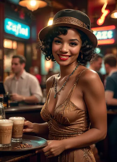 vibrant Flapper Dress, black afro hairstyle, cloche hat, silk tights, long beaded necklaces, sexy smile, laughing, flirtatious attitude, perfect teeth, she is working in a nightclub as a hostess, (she is holding a serving tray filled with coffees), she is busy serving packed tables while a crowd watches an enthusiastic jazz band perform, the bar is filled with high energy excitement, Masterwork, masterpiece, award winning photo, photojournalism, cinematic lighting, quality face, detailed face, drama, dynamic pose, highly detailed, best quality, perfect rendering, score_9, score_8_up, score_7_up, detailed texture, sharp focus, brilliant contrast, detailed skin texture, highly detailed body, high resolution, maximum detail, 1930s, (style), 30s, hair, Vintage, retro, Archive, photo, jazz, b4r, <lora:Vintage style - XL 1930s SDXL v1.0:1.1>, <lora:jazz_b4r:1>, <lora:style_lora_realis:1.1>, <lora:Vivid Midjourney mimic - XL SDXL v2.0:.8>