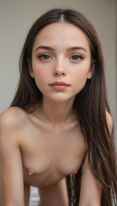 (((Close-up girl))), (very young petite face:1.9), very long hair, 18 year old, girl, (((nude naked))), brunette, beautiful, masterpiece, best quality, all fours, (((moles all over the body))), (ultra realistic:1.3), (maximum quality:1.3), (high resolution:1.3), (extreme detail:1.3), (ultra realism:1.3), (maximum detailed skin:1.3), ((((very long big thick black eyelashes)))), ((narrow waist)), (((wide hips))), (((makeup))), ((blush)), lipstick, (face, chest, navel, hips), (((very long nipples))), (((tousled voluminous hair))), smirk, fluffy eyebrows