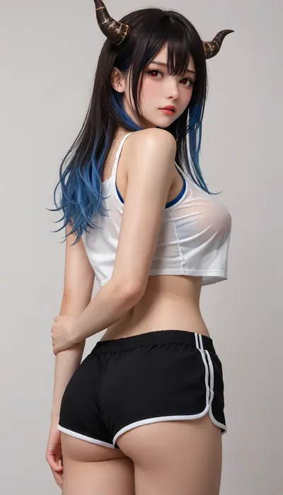 (hololive english:1), (nerissa ravencroft), 1girl, arm behind back, ass, asymmetrical horns, black hair, black shorts, blue hair, blush, breasts, colored inner hair, crop top, (dolphin shorts:1), from behind, hair between eyes, horns, large breasts, long hair, mole, mole under eye, multicolored hair, red eyes, see through clothes, shorts, simple background, solo, uneven horns, very long hair, virtual youtuber, wet, white background