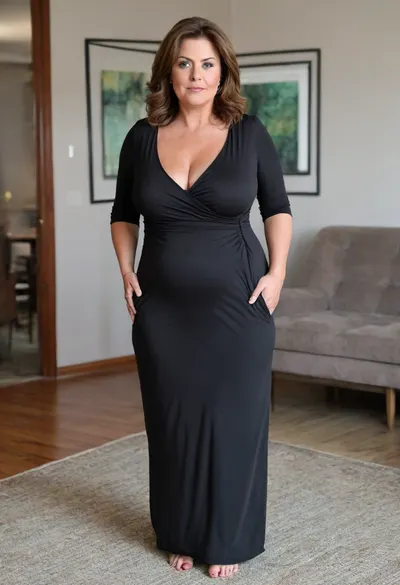 Full body shot, 50 year old woman, layered haircut, green eyes, black tight thin v-neck maxidress, obese, chubby, wide hips, curvy, cleavage, small floppy breasts, sagging breasts, deflated breasts, tan lines, brown hair, upturned nose, SaggySlimXL, <lora:updated_saggy_slim:1>, <lora:clothed_small:.5>, bottomheavy, big, ass, huge, gigantic, thick, thighs, massive, <lora:bottomheavy_v1_sdxl_tags:.8>