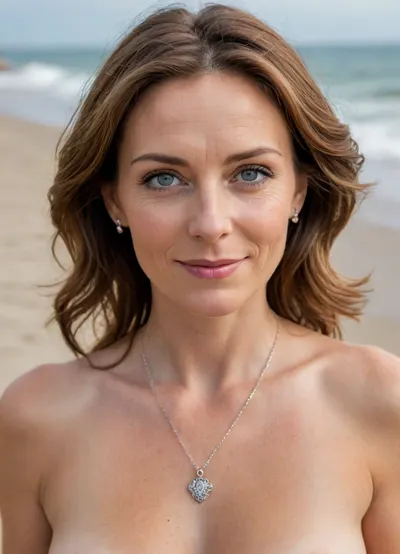 Full body shot, ((48 year old woman)), ((realistic middle-aged woman)), warm and nurturing presence, average height, gently curvy mature body, slight belly paunch, pale skin, soft skin, medium sized sagging breasts, round and full hips, wide hips, milf hips, thick and sturdy thighs, gentle face, inviting face, soft features, laugh lines, wrinkles, shoulder-length wavy chestnut brown hair, blue eyes, fair complexion with natural rosy glow, minimal makeup, warm smile, nude, extremely low neckline, locket necklace, slender bracelet, small stud earrings, standing on the beach