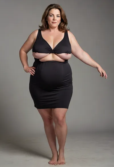 Full body shot, 50 year old woman, green eyes, black thin dress, obese, chubby, wide hips, curvy, small floppy breasts, sagging breasts, deflated breasts, tan lines, brown hair, upturned nose, SaggySlimXL, flat, chest, big, breasts, huge, gigantic, wide, hips, thighs, thick, plump, belly, female, fat, arms, extra, <lora:updated_saggy_slim:1>, <lora:clothed_small:.5>, <lora:Venus_Body_Alpha:.8>