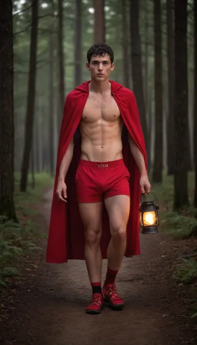young male, black hair, thick hair, short hair, brown eyes, face has freckles, (freckles:1), text painted on male body "WOLF BAIT" with black marker, wearing red cape, wearing red lycra shorts with bulge, wearing red sandals, carrying a lantern, candlelight, walking along a path in a forest, <lora:bulgev1-beta:1.2>, <lora:Inata_Hot_Guys:.8>