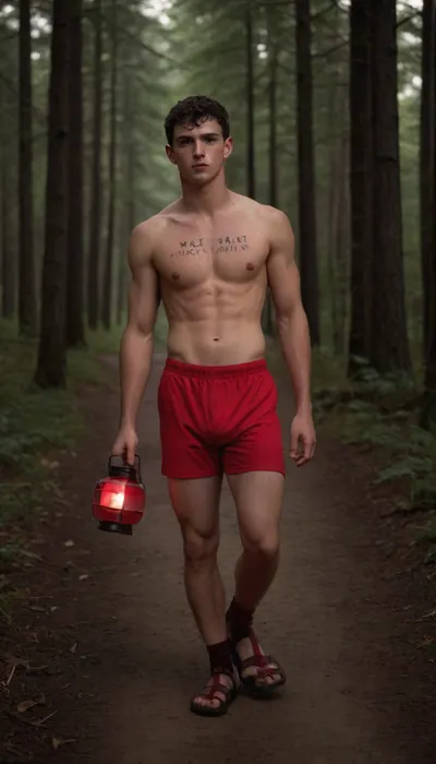 young male, black hair, thick hair, short hair, brown eyes, face has freckles, (freckles:1), text painted on male body "WOLF BAIT" with black marker, wearing red lycra shorts with bulge, wearing red sandals, carrying a lantern, candlelight, walking along a path in a forest, <lora:bulgev1-beta:1.2>, <lora:Inata_Hot_Guys:.8>