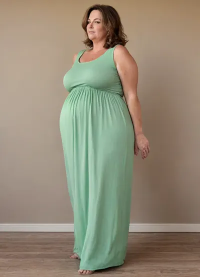 3/4 side view, Full body shot, beautiful 50 year old woman, green eyes, thin maxidress, big butt, obese, chubby, wide hips, curvy, small floppy breasts, sagging breasts, deflated breasts, tan lines, brown hair, SaggySlimXL, <lora:updated_saggy_slim:1>, <lora:clothed_small:.5>
