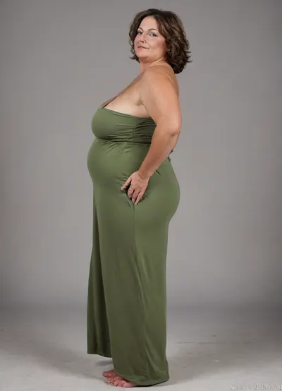 3/4 side view, Full body shot, beautiful 50 year old woman, green eyes, thin maxidress, obese, chubby, wide hips, curvy, small floppy breasts, sagging breasts, deflated breasts, tan lines, brown hair, SaggySlimXL, <lora:updated_saggy_slim:1>, <lora:clothed_small:.5>