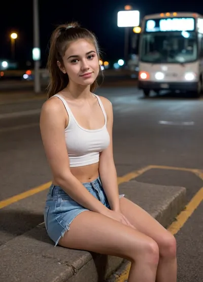 Cute 18yo girl sitting alone at a remote bus stop at night, wearing crop top and shorts, bangs and pony tail, brunette, petite, shy smirk, full body view from above, cleavage