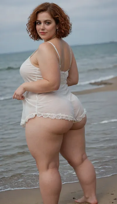 RAW photo, subject, (fine skin detail:1.1), 8k UHD, soft light, high quality, film grain, Fujifilm XT3, dynamic angle, Fat-assed, obese overweight mature fift five years old. Flirting. A sexy pose. Bright sundress. Very bright makeup. Redhead. Very short haircut. Pixies. Pin up german style from 50, bottomheavy, big, ass, huge, gigantic, thick, thighs, massive, luxury beach