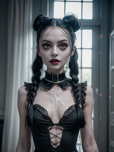 facing camara, 1 girl solo, sppoky moonlight mansion in distance, (intricate detailed Wednesday Addams face), intensely proud expression, (huge dark eyes with detailed black iris:1.2), dark bllod red lipstick detailed high collar buttoned black gothic top, very long very thick black briaded pigtails hair, several strings of thick lumpy white cum splashed across her face, (after bukkake:1.3), lots of cum on her, (cum on hair:1.5), after messy bukkake, several strings of thick lumpy white cum splashed over her hair, cum dripping, high detail, sharp focus, perfect lighting, awesome, dslr, 4k high quality. extra detail, extra sharp, magical, perfect moment, natural skin, pores, w3dn3sd4y, ziprealism, detailxl, res, 8k, raw, photo, epiCNegative, <lora:photorealistic02:.3>, <lora:weight_slider_v2:-1>