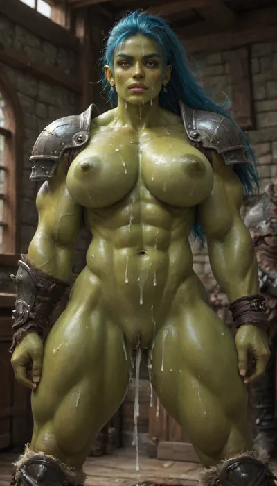 beautiful muscular athletic female orc, beautiful muscular extreme athletic female orc drawn in anime style with visible abs, biceps, and defined muscles all over her body, (huge muscles:1.4), (greenskin girl:1.8), (cunt dripping cum:1.6), sharp chin, sharp cheekbones, long ears, yellow eyes, (two white fangs sticking out from under her lower lip), dirty blue hair pulled into a disheveled ponytail at the back of her head, disgust at what is happening on her face, wide hips, extremely muscular body, extremely defined muscles, hourglass figure, perfect large round breasts, perfect muscular ass, defined body muscles, defined leg muscles, defined arm muscles, dark green nipples, in rough iron shoulder pads, (barbarian armor:1.4), body strapped with belts, standing, posing, two handed axe in arms, bouncing breasts, bouncing ass, motion lines, around the interior of a medieval fortress, illuminated by the bright sun from high windows, perfect fingers, style anime, inspired illustration, oda, non, front view, faceless man, <lora:AnimatedNightmaresStyle:1.8>
