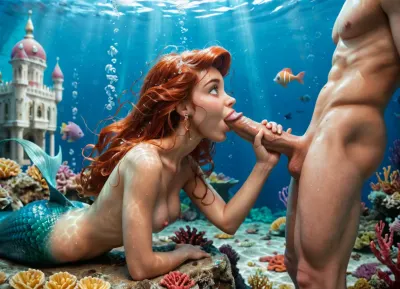 disney, redhead Princess ariel, the little mermaid, mermaid body, topless, messy hair, looks happy, moaning, wet body, wet hair, detailed background, perfect detailed body, detailed skin texture, cute face, realistic face, full body view, under the sea, sucking dick, male scuba diver, deepthroat, happy, enjoying, stroking dick, nude, breast exposed, FRESHIDEAS, Underwater, Palace, <lora:FRESHIDEAS Underwater Palace:.8>, mermaid, <lora:mermaid_xl_v1:.8>, side view, full body