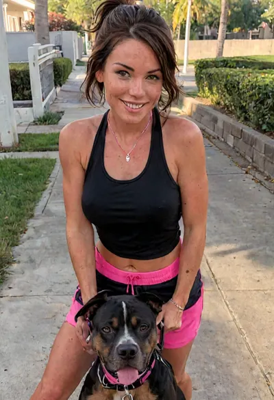 Gorgeous busty brunette MILF jogging with her pit bull on a residential sidewalk, holding a leash fastened to the dog’s collar, wearing a tight sleeveless black shirt and short neon pink jogging shorts and black sneakers, happy smile, slender, medium breasts, (realistic skin:1.5), (subsurface scattering), zoom out, sweaty, braless, Wearing, clothes, that, make, sense, with, Braless>, freckles, luisap, birth, mark, <lora:MJ52:.9>, <lora:bralessSDXL_v1_00022:.2>, <lora:Sweaty_Realism_4-000006:.7>, <lora:LPFRECKLES_lora:.2>