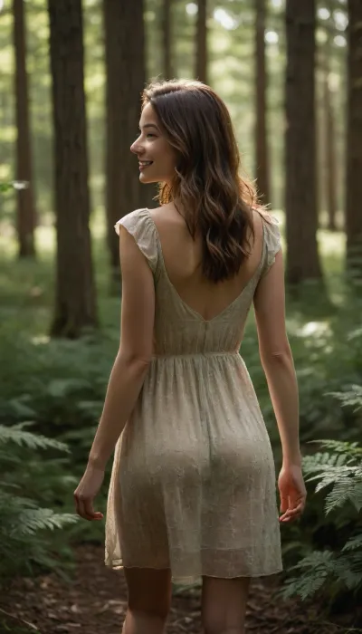 ((full body back view)), A candid photograph of a woman in her mid-20s, with natural brown hair, walking through a sunlit forest. She is dressed casually in a summer seethrough light dress. The scene is illuminated by soft, natural light filtering through the trees, casting gentle shadows on her face. The focus is on capturing a realistic, spontaneous moment as she smiles while looking at the surrounding nature. The background is lush with green foliage and dappled sunlight, giving the image a serene, peaceful atmosphere, resembling a real-life photo taken with a high-quality camera.