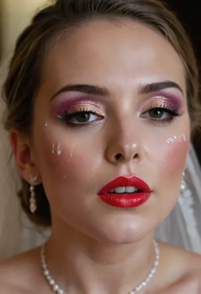 bukkake, cumshot, facial portrait picture of the Bride face in cum facial, with heavy colorful makeup and a lot of makeup, a lot of Cum on her face, cum on her long black eyelashes, Cum on her eyelids, Cum on her cheek skin, her face wet with Cum, Cum on her red lips. cum on her wedding tail., woman, cum, on, face, <lora:JustCum:1.3>