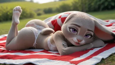outdoor picnic scene is only of cartoon anthro animated furry yiff judy hopps with massive boobs in tiny white laced lingerie tight to her body laying on her stomach, judy hopps large ass is the primary focus of the scene with her anus peeking behind her g string lingerie, judy hopps has a thirsty for sex look with her mouth open, no cum is in the scene but she wants cum, judy hopps is on a large picnic blanket ready for sex with her ass cheeks in the air, judy hopps with massive side boobs in white lingerie is laying on her stomach with her ass in the air. Juddy hopps is face down and ass up, Only judy hopps is in this scene, no human or additional character, judy hopps is lying on her stomach, judy hopps has massive GGG tits, massive tits, must have massive tits, furry yiff cartoon e621 animated judy hopps with gigantic tits, judy hopps face must be visible, perfect ears, use AI to make Judy hopps have massive tits, make sure judy hopps ears are facing correct way, no backwards ears, judy hopps has massive side boobs visible, (((judy needs to have large tits)))