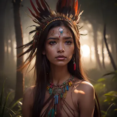 A time-lapse sequence with vibrant colors and rapid movements, A shaman from an Amazonian ethnic group performs an ayahuasca ritual in a small ethnic village in the heart of the Amazon rainforest. holding, complicated, She has a pretty coquettish faded face, elaborate hairstyle, small breasts, detailed crystal eyes, light glowing irises, heartshaped lips, lip gloss, aroused skin, dramatic sunset, long shadows, fog, hypnotic atmosphere, detailed photo, photorealistic photo, realistic pretty women photo, night vision, soft fokus, parallax, overexposure, #©KITTYART



































#©KITTYART