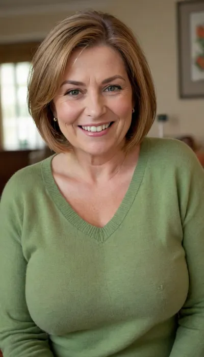 Close up portrait, Obese 60 year old gilf, fat, chubby, (drooping, saggy conical tits), (smile:1.3), (dark blonde straight hair), sagging, breasts, stretch, marks, green eyes, aunt_cass, orange, hair, short, bob, cut, sweater, <lora:Yoru Mac XL:.8>, <lora:add-detail-xl:.8>