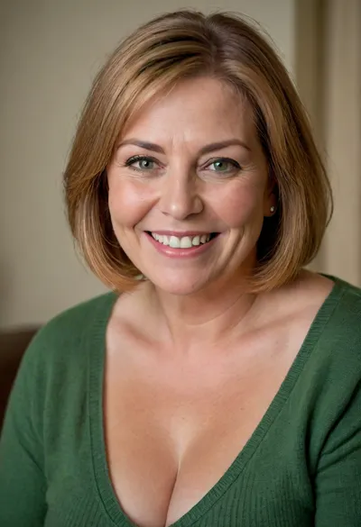 Close up portrait, Obese 60 year old gilf, fat, chubby, (drooping, saggy conical tits), (smile:1.3), (dark blonde straight hair), sagging, breasts, stretch, marks, green eyes, aunt_cass, orange, hair, short, bob, cut, sweater, <lora:Yoru Mac XL:.8>, <lora:add-detail-xl:.8>