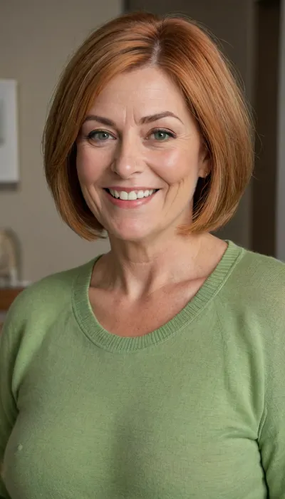 Close up portrait, Obese 60 year old gilf, fat, chubby, (drooping, saggy conical tits), (smile:1.3), (dark blonde straight hair), sagging, breasts, stretch, marks, green eyes, aunt_cass, orange, hair, short, bob, cut, thin sweater, <lora:Yoru Mac XL:.8>, <lora:add-detail-xl:.8>