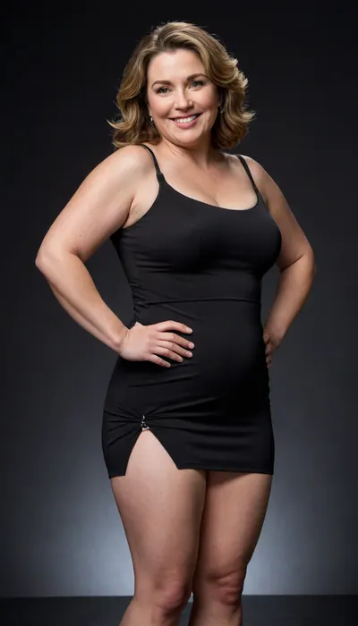 This full-shot image features fat mature woman in her 50s, striking a pose against a plain black background. She has light brown hair that reaches her shoulders and is styled with a side part, framing her face. She is wearing a black dress with thin straps, though the full extent of the dress is not visible. Her left arm is bent at the elbow, with her hand near her chest, wearing a wedding ring. She is smiling broadly, revealing her teeth, and looking towards the right side of the frame. Her posture suggests a dynamic movement, with her body slightly twisted and her legs spread apart as if in mid-step. The lighting is from the front, illuminating her face and the front of her body. She has a big ass.