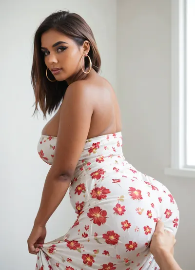 Voyuer photo In a modern minimalistic house, she’s looking away averted gaze, Bbw dusky indian, sexy sophisticated mature aunty, big hoop earings, colorful eye shadow, sexy makeup, light brown hazel eyes, (dark brown skin:1), (very big dark areolas), long black luscious hair, high detail clothes, beautiful pattern strapless boho sun dress, dress is pulled halfway up her ass, ((dress straps are down:1)), side view, looking over her shoulder from behind, her back is to us she's facing away, closeup, long lens, she’s leaning forward bending, big boobs hang down, smooshed together, (deep cleavage:1), busty round bosom, Tashruva, revealing, silver, gold, white, red, hair-tucking, hair, tucking, hand, up, adjusting-one-hand, in, own, adjusting-two-hands, adjusting, arms, hands, adjusting-from-behind, tying, from, behind, <lora:milkers_v2:.8>, <lora:Tashruva-10:.9>, <lora:clothed_small:.8>, back, <lora:191464_training_data:.8>, prvc, girl, pov, penis, <lora:prvc:.8>