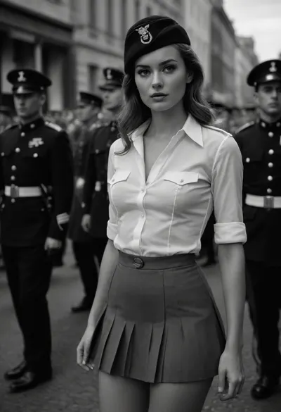masterpiece, full body, high definition, 4k, perfect makeup, cleavage, small boobs, slim body, long legs, braless unbuttoned shirt, extremely very short pleated mini skirt, soldiers, uniform, old black and white picture, 60´s, street, parade