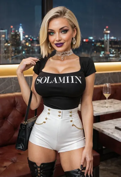 city, night, luxe restaurant, handbag, blonde slim body woman, smile face, tight t-shirt, glamour, slicked side short hair, violet lips, highly detailed skin, high realism, bobcut hair, violet lipstick on mouth with black lips contour, eyebrows drawn, makeup, Sharp nose, Big eyes, Busty lips, bimbo fake lips, Makeup, blush, eyeliner, black eyeshadow, very long false eyelashess, heavy make up, beautiful woman 30 years, milf, green eyes, sweden woman, stunningly beautiful woman, white woman, supermodel, white diamond choker, gold round earrings, tanned skin, extreme high heels, see thigh high leather boots with laces, leather white high waist mini bottom short pants, thigh high boots leather with lace