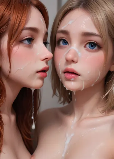 masterpiece, best quality, highly detailed, (anime:1.2), two girls, (one blonde, one redhead), PAUSE, close-up of girls, one girl lying on her back on a bed while the other girl next to her licks her cum-covered tits, breast licking, perfect nipples, pussy juice, slim, athletic, covered in oil, sweaty, gymnast body, (naked), (both girls are both tired and exhausted but feel really satisfied and content sexually, the redhead licks the blonde's tits with tongue, they are still both covered in cum, sweat and pussy juice:1.2), bukkake, cum, cum on lips, cum on, (cum flow:1.9), (cum on body:1.7), cum on hair, (cum on face:1.9), cum on face., <lora:Animated_Concept:1>, <lora:MS_Real_XL_Bukkake:.4>