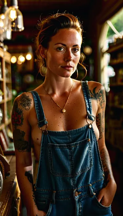 Gorgeous 32-year-old hipster woman wearing denim overalls with no shirt underneath, shopping in an antique store, freckles, light makeup, tattoos, tanlines, medium breasts, rank_9, <lora:MJ52:.8>