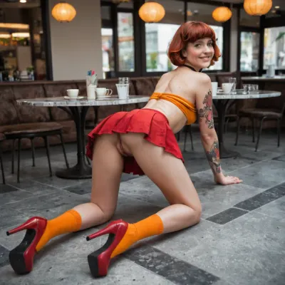 20 year old girl, American, Beautiful, Velma cosplay, innocent looking, smiling, looking at the camera, red hair, orange roll neck top pulled up to show breasts, short hair, perfect small breasts, long legs, athletic, legs spread wide open, vagina wide open, pubic hair, tattoos, high heels, orange ankle socks, red skirt, choker, on all fours, looking back, rear view, in cafe, masterpiece, photo realistic, best quality, full color