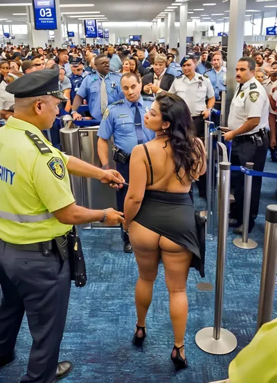 inside a TSA security checkpoint at a busy airport, ((travelers going through a security checkpoint)), cctv footage, high angle, 3/4 view, closeup on a gorgeous chubby fat mature aunty dark brown skin south indian woman gets a cavity search in public airport security checkpoint, metal detector wand, (airport security agents are pulling her clothes off), several fully clothed men stand behind her grabbing her and fondling, ((squeezing her tits hard:1.2)), she's being bent over stripsearched, (she's wearing fitness attire), (the men are wearing airport security attire), fingers inside pussy, she looks very upset, they all look at each other, CCTV, Style, (she has furled brow), (many, hands, caress, a, woman's, body:1), airport, crowd, Airport, undressing, <lora:SDXL-CCTV-Style-Lora:1.2>, <lora:realfilm_xl_v1:1.2>, <lora:JJsAirport_XL:.7>, <lora:undressing_XL_v1:.4>, <lora:clothed_small:.6>