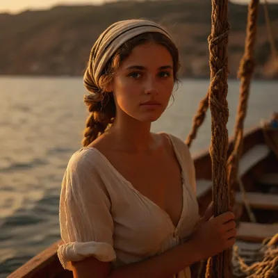 UHD 8K, ((sepia)), cinematic masterpiece, score 9, score 8 up, score 7 up, score_9, score_8_up, score_7_up, ((soft focus)), 20th century, blurred background, 8k uhd, ((full body view)), full body view of naked deeply tanned brunette braided Greek very young woman, very beautiful dreamy face, firm small breasts, narrow waist, tanned slim body, tanned beautiful young woman naked wearing only an open unbuttoned white linen shirt and a headscarf and flat sandals, very deep seamless tan, naked woman, casting a fishing net on board a small fishing boat off the south coast of Crete, Greece, fishing boat, fishing nets, ((beautiful face and naked body and naked breasts and naked pussy and with open unclosed white linen shirt and headscarf and shaved pussy)), Coast, other boats with fishermen in them, ((old male fisherman in striped fishing shirt on boat and sea in far blurred background)), warm sun rays from side, sunny summer day, AgedSepiaCE, slender woman, naked, very, small, breast, <lora:MJ52:.8>, <lora:Picture_enhancer:.8>, <lora:PhotoAgedSepia01-00_CE_SDXL_128OT:.8>, <lora:581257_training_data:.8>, <lora:slimwoman:.8>