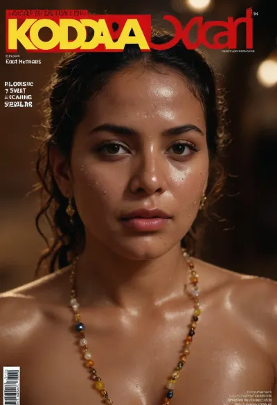 (sweaty wet oiled skin), Filipino moroccan woman with wavy tied hair wearing traditional floral topless saree outfit at night sweating a lot and getting wet, (uneven skin tone), ((Magazine title cover page, sweaty wet skin edition)), golden jewelries politician edition, upper body view, (((face covered in sweat beads and glistening skin, with every sweat bead clearly visible))), full body view