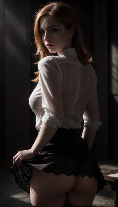 dark alley, professional photography, high quality, artistic, soft, romantic atmosphere, beautiful thin ginger hair woman secretary 18 year old, unbuttoned white shirt, (show bra), show pussy, upskirt, black lace bra, black skirt, no panties, stockings, back view, (((windyskirtlift))), (wind skirt lift), (((wind, lift, tug))), ((windyupskirt)), (((strong wind))), hairy pussy, skirtlift, undressing, <lora:skirtlift_xl:.5>, <lora:add-detail-xl:2>, <lora:dark:.8>, <lora:undressing_XL_v1:2>, sunlight_str1, <lora:sunlight_str1-SDXL_v1-dim64-steps1691:.8>