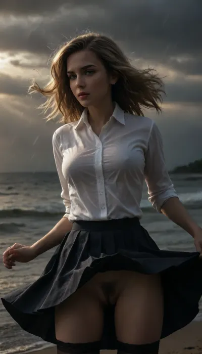beach, professional photography, high quality, artistic, soft, romantic atmosphere, beautiful thin blonde woman secretary, rain, united white shirt, show pussy, upskirt, storm, long skirt, stockings, (((windyskirtlift))), (((wind lifring skirt))), ((windyupskirt)), (((strong wind))), hairy pussy, undressing, sunlight_str1, <lora:add-detail-xl:2>, <lora:dark:.8>, <lora:undressing_XL_v1:2>, <lora:sunlight_str1-SDXL_v1-dim64-steps1691:.8>