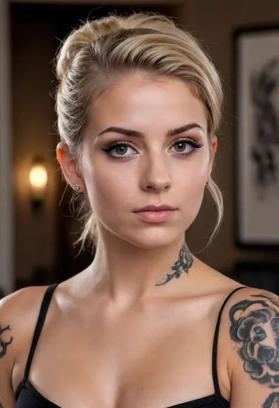 Generate an image of a young caucasian adult woman, brown eyes, blonde hair tied to a knot, ((silver ring through her left nostril)), (black tube top without straps), ((many black tattoos on her shoulders)), ((many black tattoos on chest)), no collar