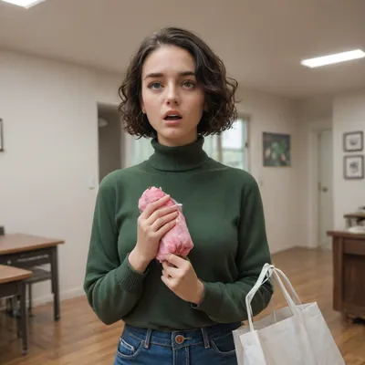 close up of a 28 year old woman, standing, (holding a pink piece of clothing in her hands:1.5), (white shopping bag on the table, wearing a dark green turtleneck cashmere pullover, jeans, (dark green pullover:1.1), (middle parting), short dark hair, (curly bobcut:1.1), short wavy hair, middle parting, (surprised expression:1.2), disgusted expression, indoors, (standing in a small empty room with white walls and a cheap desk:1.5), (alone:1.1), wooden floor, sweaty skin, (speaking:1.2), (open mouth), (snapshot))