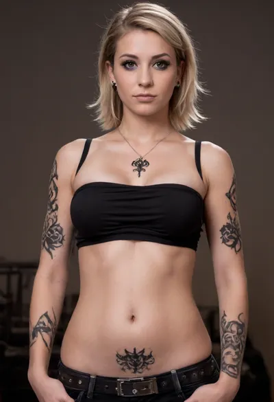 Generate a portrait image of a young caucasian adult woman, brown eyes, blonde hair tied to a knot, (black tube top without straps:1.5), ((many black tattoos on her torso:2)), ((many black tattoos on chest)), (tattoo sleeves:1.5), no collar, silver nose ring, womb, tattoo, on, stomach, breasts, demon, wings, horns, lingerie, <lora:womb_tattoo_v6_SDXL:1.2>