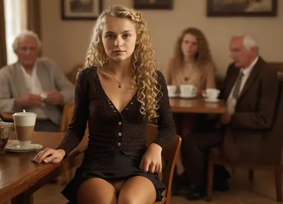 (front view of deeply tanned 18 years old girl with very long curly blonde hair wearing tight unbottoned laced black cardigan and extremely short laced mini skirt sitting on an armchair in a living room, exposing naked shaved pussy beneath her mini skirt), necklace, braless, pantieless, naked shaved pussy, clitoris, firm medium breasts, slim body, very deep suntan, modest smile, view from opposite, (((group of clothed elderly people in formal clothes drinking coffee at table behind girl in blurred background:1.5))), upskirt, vagina, out, shot, front, clothes, <lora:MJ52:.6>, <lora:DetailedEyes_V3:.6>, <lora:upskirt:.4>